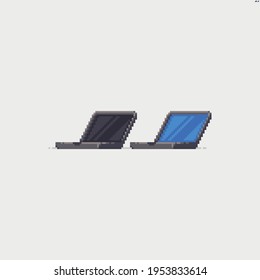 Two pixel art laptop icons with screen turned off and with blue screen