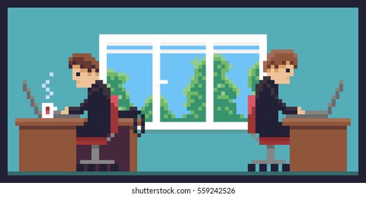 Two pixel art men at their workplace sitting by the table with laptop