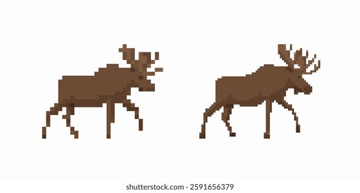 Two pixel art moose are shown in a side view. each has four legs and distinct antlers.