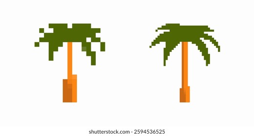 Two pixel art palm trees with simple brown trunks and green leaves, inspired by classic video games.