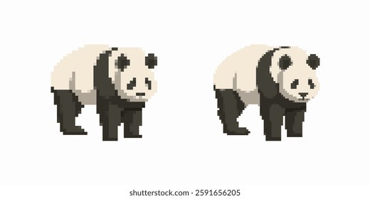 Two pixel art pandas with simplified black and white features in a stylized and blocky design.