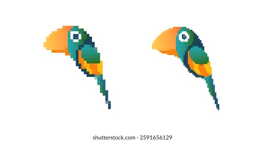 Two pixel art parrots with colorful feathers show a simple and vibrant digital design style.