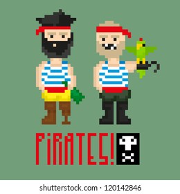 Two pixel art pirates staying alone, vector illustration
