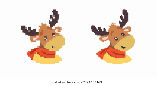 Two pixel art reindeer with antlers and red scarf. one with simple features, the other detailed.