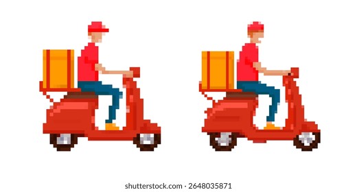Dois pixel art scooter pilotos carregam pacotes com cores brilhantes. retro e elementos de design lúdico.