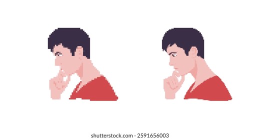 Two pixel art side profiles depict a thoughtful person pondering. one profile faces left, the other right.