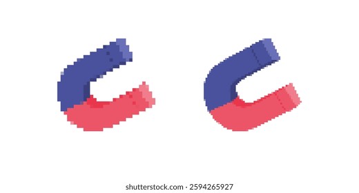 Two pixel art style horseshoe magnets are depicted in vibrant red and blue colors, showcasing magnetism.