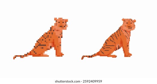 Two pixel art tigers face forward and backward, showcasing a geometric representation of the animal.