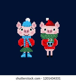 Two pixel christmas pigs in warm clothes isolated on blue background.