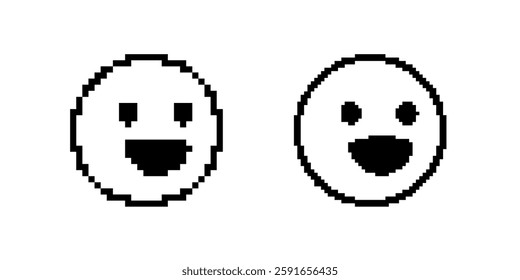 Two pixel faces showing happy expressions. both faces are in black and white.