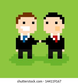 Two pixel people in suits, shaking hands, vector illustration
