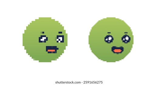 Two pixelated green smiley faces with different expressions, using basic graphic design elements.