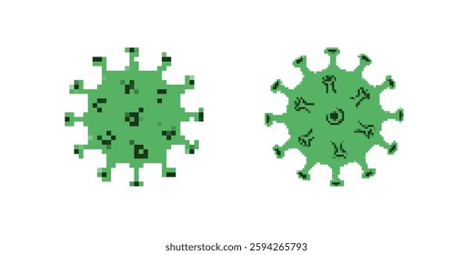 Two pixelated green virus icons represent health and disease themes, illustrating virus diversity.