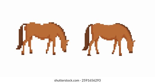 Two pixelated horses grazing, showcasing a simplified style reminiscent of classic retro video games.