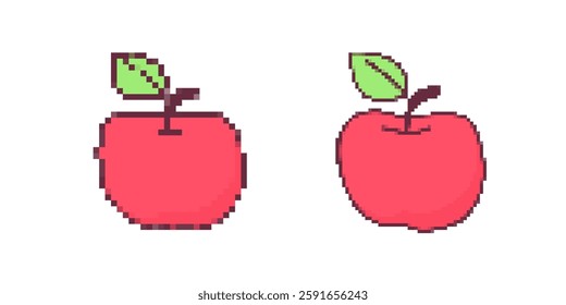 Two pixelated red apples with brown stems and green leaves, designed in a retro game aesthetic with a soft color palette