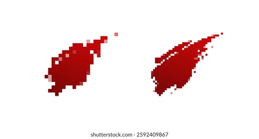 Two pixelated red blood splatters on a white background, resembling digital glitch horror art with a raw look.