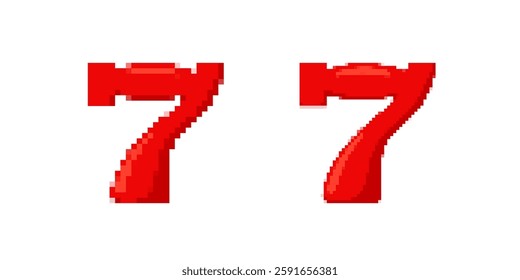 Two pixelated red number sevens with a glossy effect, designed in a bold digital typography style