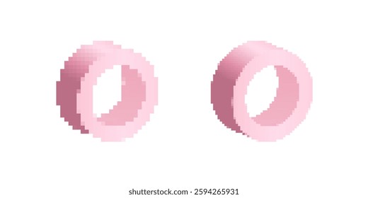Two pixelated rings in soft pink, featuring a minimalist design. each ring displays a smooth surface.