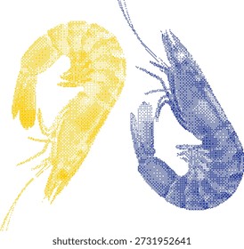 Dos camarones pixelados uno amarillo uno azul sobre fondo blanco gambas mariscos