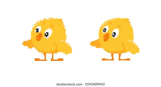Two pixelated yellow chickens walking with cartoon features. designed in a playful and cute style.