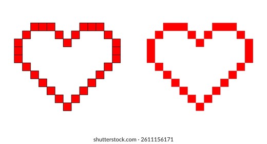 Two pixel-style red heart outlines side by side on a white background, one with black borders, perfect for retro or gaming themes. Pixelated red heart outline icons. Vector illustration