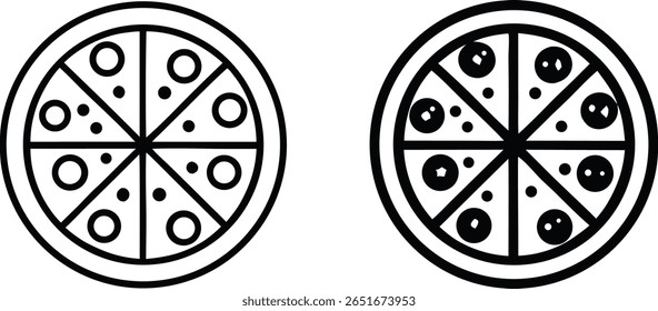 Dois ícones de pizza são apresentados em um estilo de desenho de linha preto e branco. Uma pizza tem coberturas circulares, enquanto a outra tem coberturas redondas sólidas. Ambos são divididos em fatias.