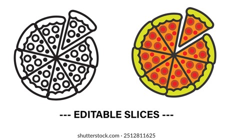 Duas pizzas com uma fatia separada ilustração vetorial ícone linear. Vetor de fatia de pizza e pizza isolado no fundo branco. Fatias editáveis.