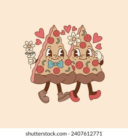 dos triángulos de pizza formando un corazón, una pareja de pizza enamorada, dos triángulos de pizza enamorados 