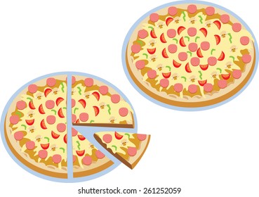 Two pizzas, one cut into half, quarter and an eighth