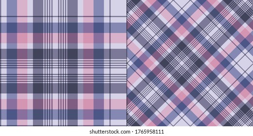 Two plaid purple blue and pink colored patterns for fabric, textile, wrapping etc. Seamless vector tartans