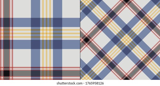 Two plaid white and blue colored patterns for fabric, textile, wrapping etc. Seamless vector tartans