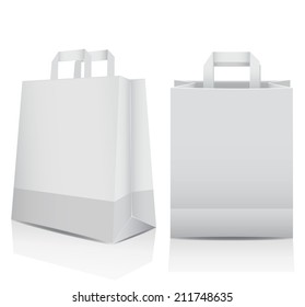 Two plain white recyclable, paper shopping carrier bags with reflections and copyspace for your branding, marketing or advertising, vector illustration