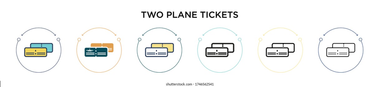 Two plane tickets icon in filled, thin line, outline and stroke style. Vector illustration of two colored and black two plane tickets vector icons designs can be used for mobile, ui, web