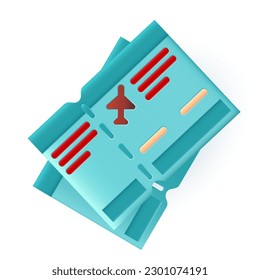 Dos billetes de avión para la ilustración 3D de los turistas. Dibujo de tarjetas de embarque o entradas para el campo tropical en 3D sobre fondo blanco. Reservas, viajes, vacaciones, turismo, concepto de aventura