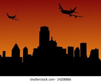 two planes arriving Dallas at sunset illustration
