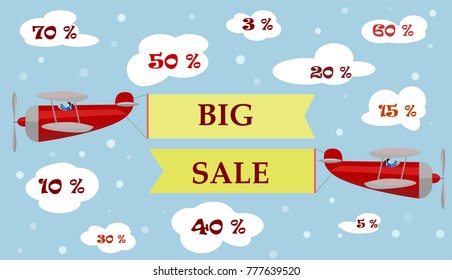 two planes are carrying placards - a big sale, around the cloud with figures