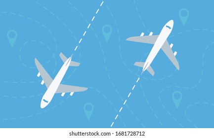 Two Planes with dashed lines flies over a landscape with map pointers. Travel and Vacations concept. Travel banner. Vector illustration