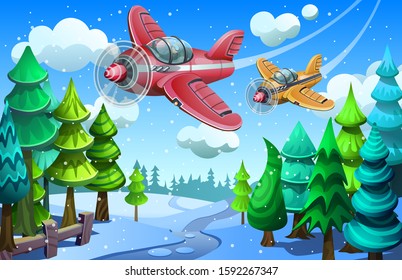 Two planes fly over the winter forest. Vector aircrafts.