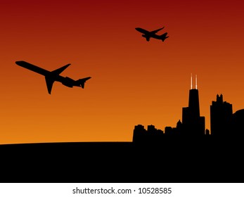 dos aviones saliendo de Chicago a la luz del atardecer