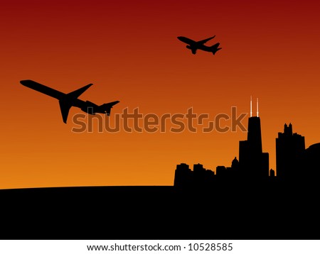 two planes leaving Chicago at sunset illustration