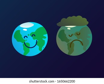 Two planet Earth mascots in the space - happy and clean smiling world, and polluted and sad world, ecological poster, banner, ad, vector illustration