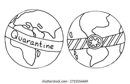 Two Planets Earth in Quarantine. Global quarantine on coronavirus outbreak. A quarantined ribbon surrounds Earth. Vector illustration. Doodle style.
