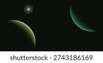 Two planets are partially illuminated with a crescent of light against the vast darkness of space, one glowing yellow-green and the other teal.