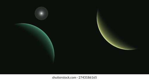 Two planets are partially illuminated with a crescent of light against the vast darkness of space, one glowing yellow-green and the other teal.