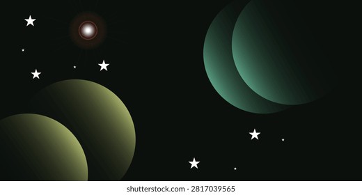 Two planets are partially illuminated with a crescent of light against the vast darkness of space, one glowing yellow-green and the other teal.