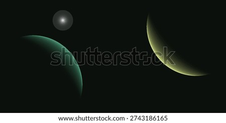 Two planets are partially illuminated with a crescent of light against the vast darkness of space, one glowing yellow-green and the other teal.