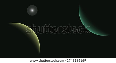 Two planets are partially illuminated with a crescent of light against the vast darkness of space, one glowing yellow-green and the other teal.