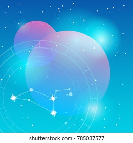Two planets vector flat Illustration on a blue colors gradient backgroud with constellation of stars, natal chart and soft light. Used for logo, icon, design or templates for web