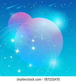 Two planets vector flat Illustration on  blue colors gradient backgroud with constellation of stars, natal chart and soft light. Used for logo, icon or templates for web