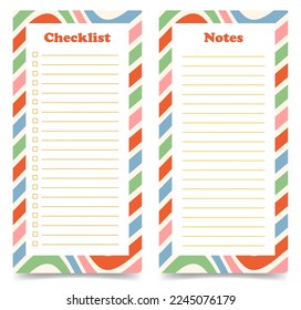 Two planners, checklist, notes pages template. Maintaining daily lists. Vertical journal on abstract colorful swirl pattern background. Y2k style. Vector illustration